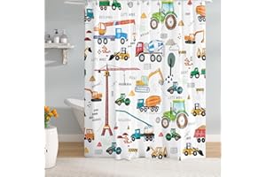 Peopleareok Excavator Shower Curtain, Cartoon Tractor Machinery Trucks Shower Curtain, Construction Vehicle Bathroom Curtains for Boys, 72" W x 72" L