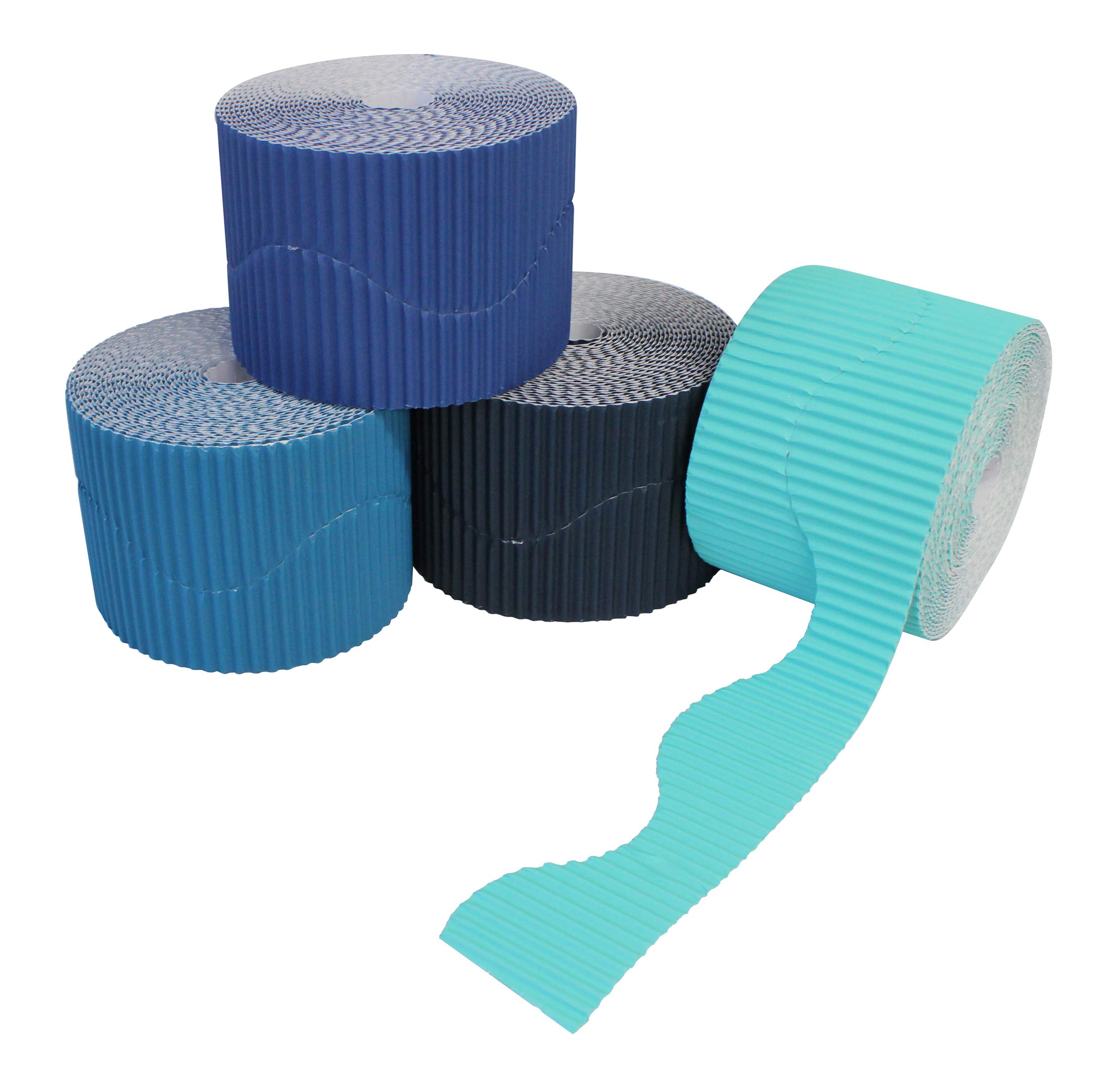 Bright Ideas Corrugated Border Rolls for School Displays, Blue Assortment, 4 Pack, 57mm x 7.5m (15m When Split), BI7871