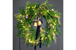 PURECOSY 24 Inch Pre-Lit Norfolk Pine Christmas Wreath for Front Door, Artificial Plants Green Christmas Wreath with Lights, Velvet Ribbon, Natural Berries, Pinecones and Bells, Lighted Door Wreath