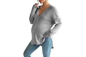 COZYEASE Women's Maternity Ribbed Knit Button Down Tee Shirt Drop Shoulder V Neck Sweater Top