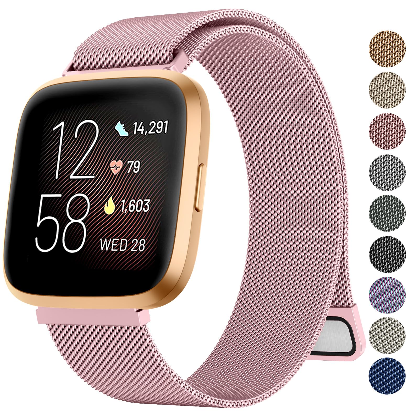 Metal Strap for Fitbit Versa 2, Versa Lite, and Versa - Breathable Stainless Steel Mesh Loop Adjustable Wristband for Women and Men (Rose Pink, Small for 140mm - 215mm Wrists)