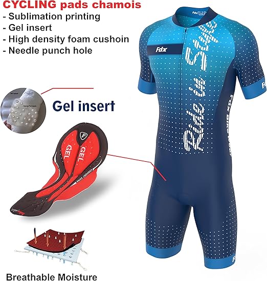 FDX Mens Cycling Skinsuit Stylish Padded Trisuit One Piece Cycling