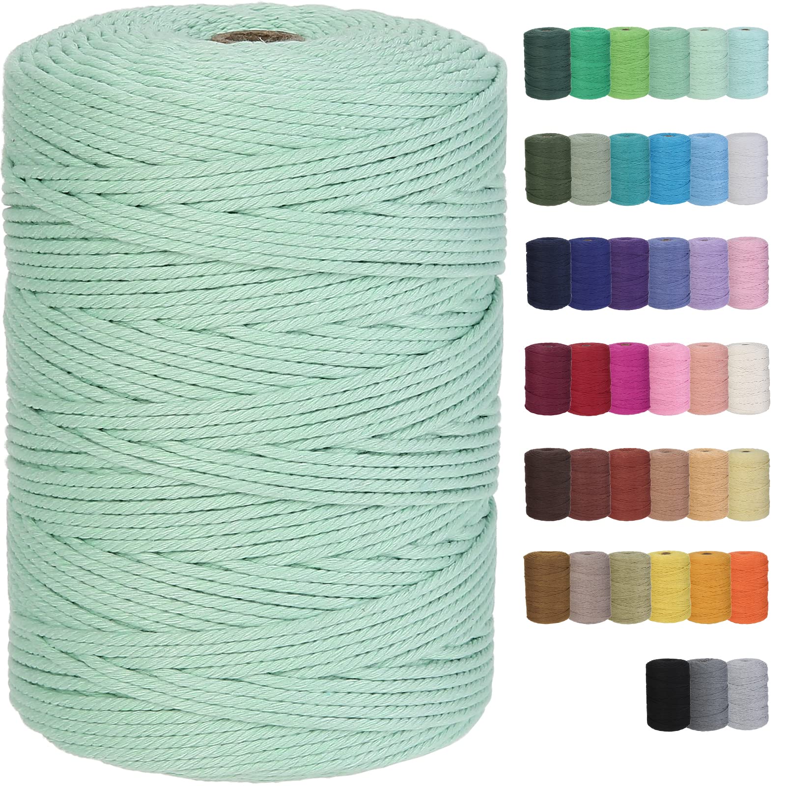 GOHOF Macrame Cord 3mm x 300m Premium Cotton Macrame Rope, 4 Strand Twisted Soft Cotton Cord, One of The Most Perfect Materials for Macrame Art, Cotton String Without Chemicals(Mint)