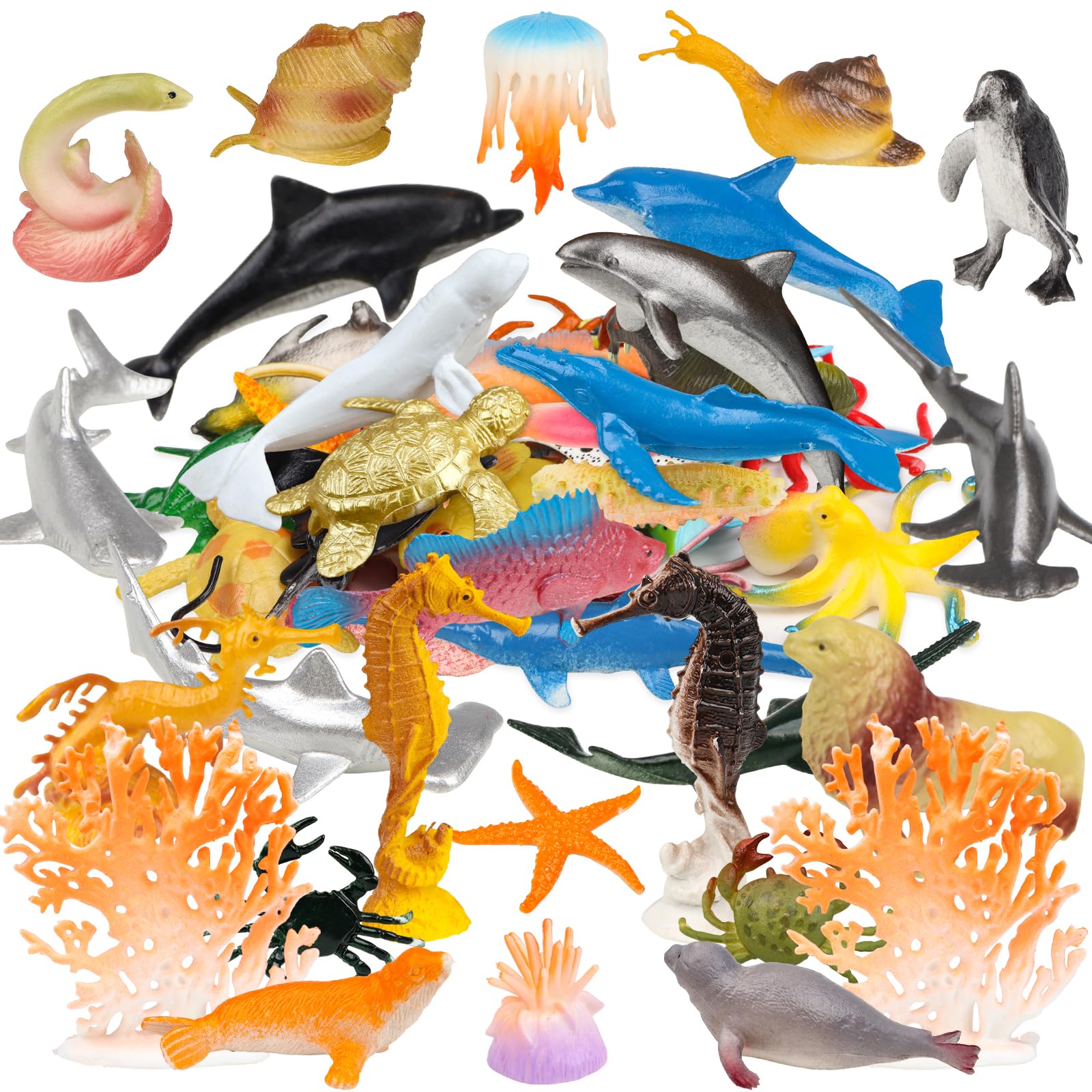 DOITEM 50 Pack Mini Vinyl Plastic Ocean Sea Animal Figures Toy Set, Realistic Under The Sea Life Figure Bathroom Gift for Child Educational Kids Party