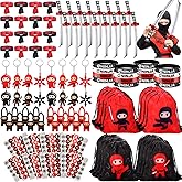 Tondiamo 112 Pcs Ninja Pirate Party Favors with Drawstring Backpack Headband Inflatable Sword Bracelet Sticker Keychain Stretch Ninja or Pirate Eye Mask For Karate Birthday (Ninja Style)