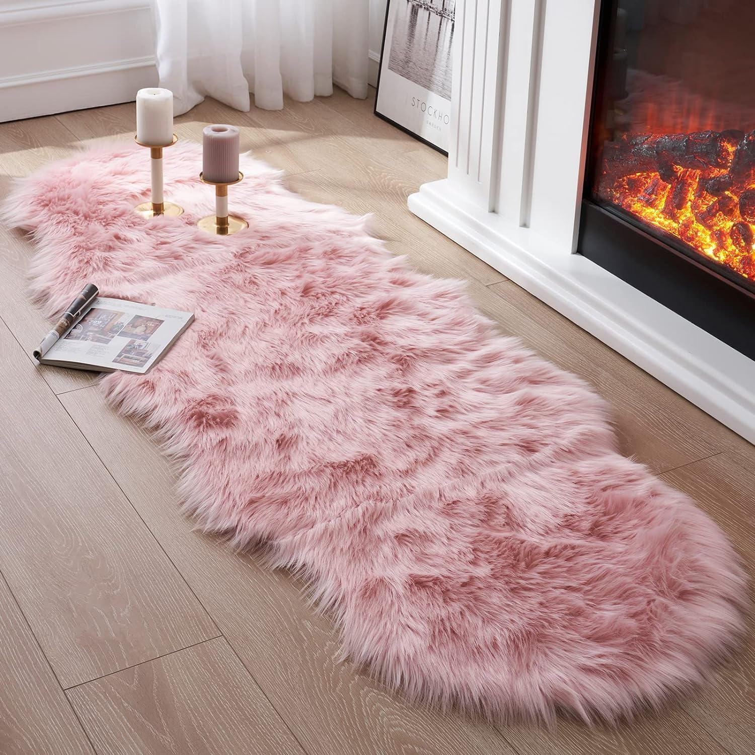 JXLOULAN Soft Fluffy Faux Sheepskin Area Rugs Pink 60x160 cm Faux Fur Rug Floor Carpets for Bedrooms Living Room Kids Rooms Décor