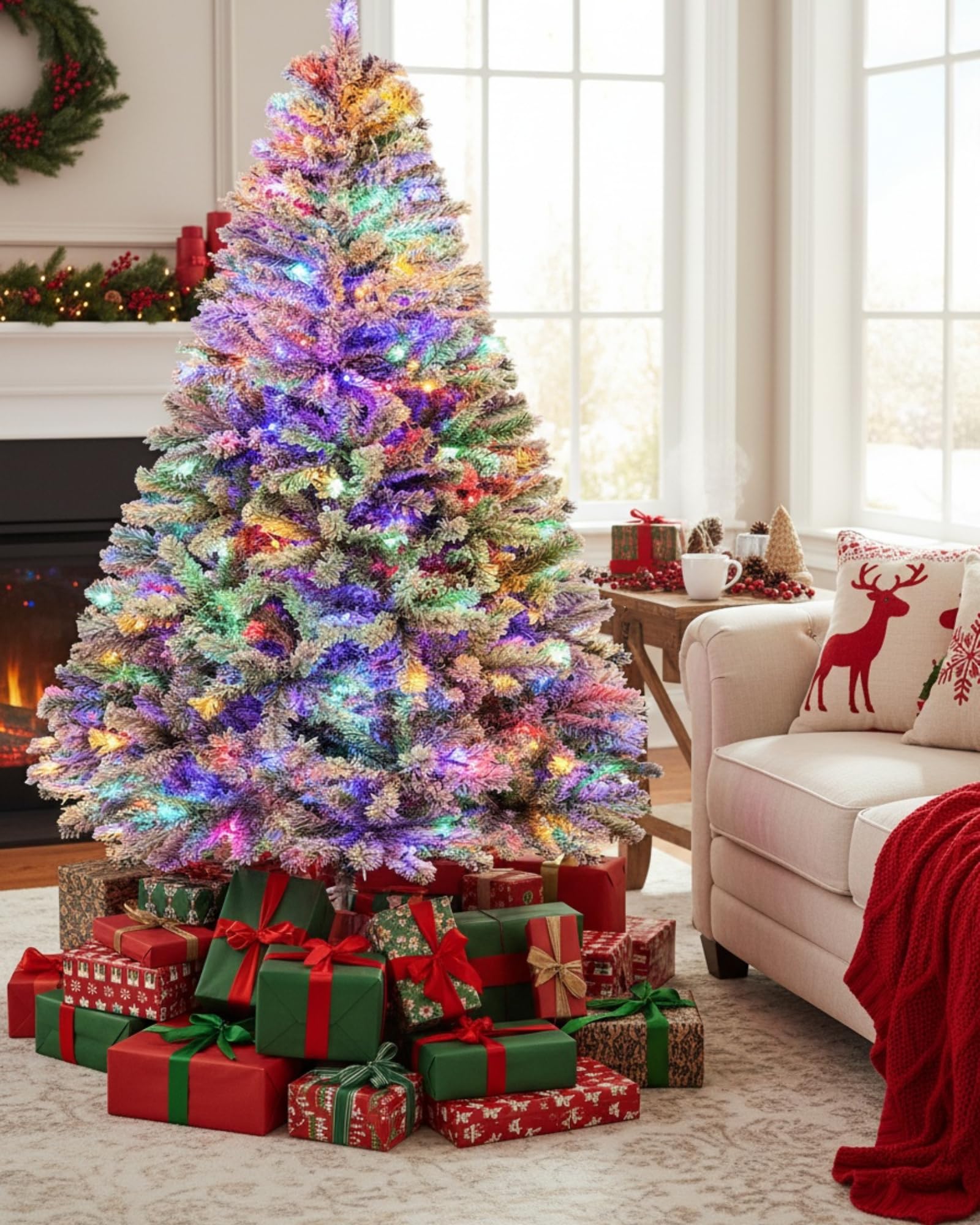 180cm Künstlicher Weihnachtsbaum mit Schnee & 250 RGB LED Beleuchtung,1000 Spitzen, Naturgetreu Tannenbaum mit Klappsystem & Metallständer, Schnellaufbau Christbaum für Weihnachtsdeko,Weiß