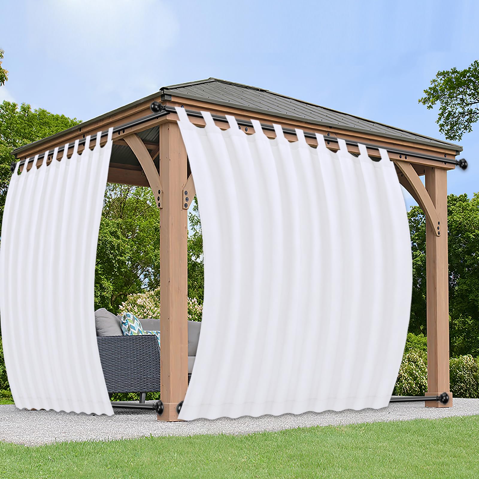PureFit Outdoor Curtains for Detachable Sticky Tab Top Patio Waterproof/Weatherproof, UV and Fade Resistant Outside Curtains for Gazebo, Porch, Pergola, Privacy Curtain, 110 x 84 inch, 2 Panels, White Image