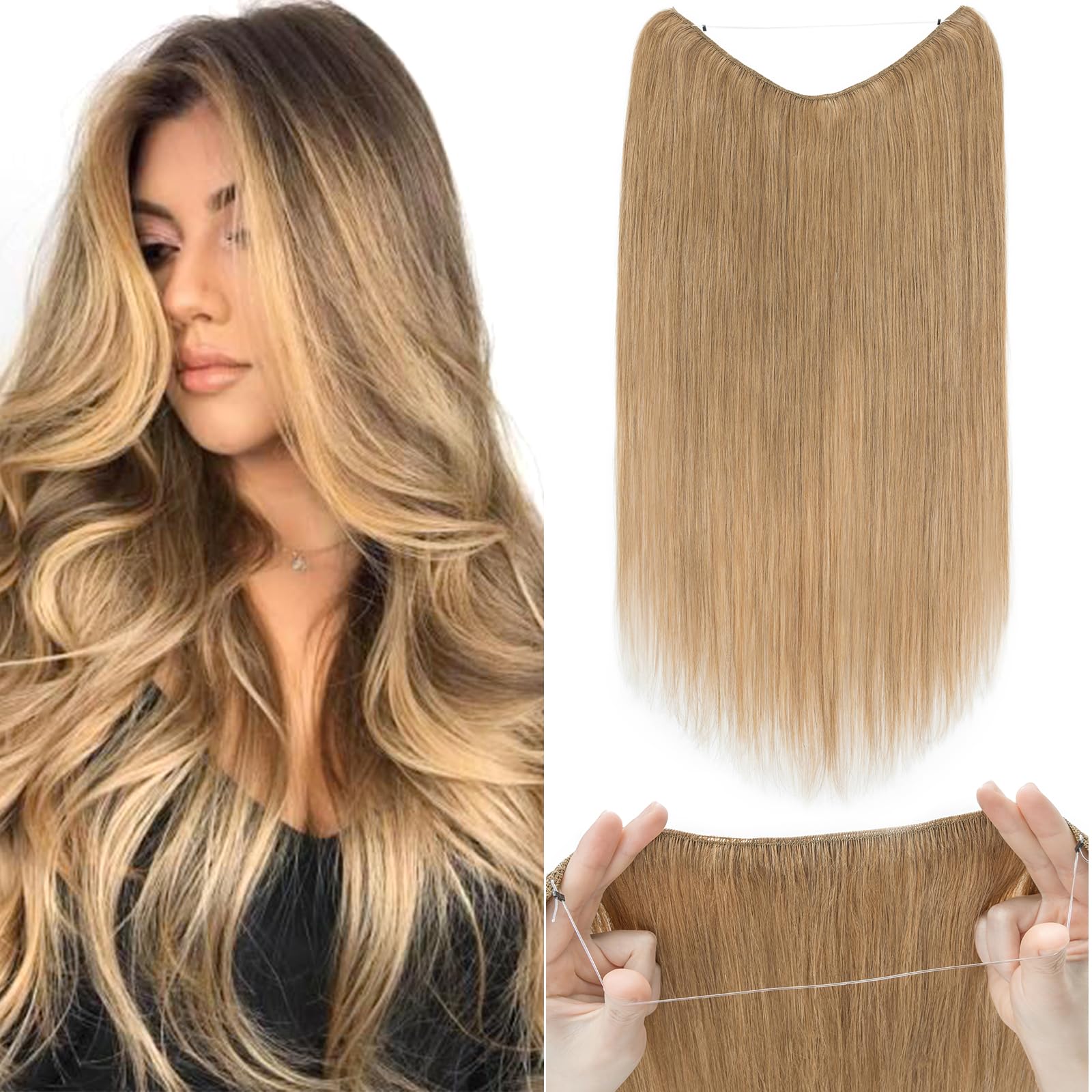 Silk-co Secret Wire In Hair Extensions One Piece 16inch #27 Dark Blonde 100% Real No Clip Invisible Remy Human Hair Natural Invisible