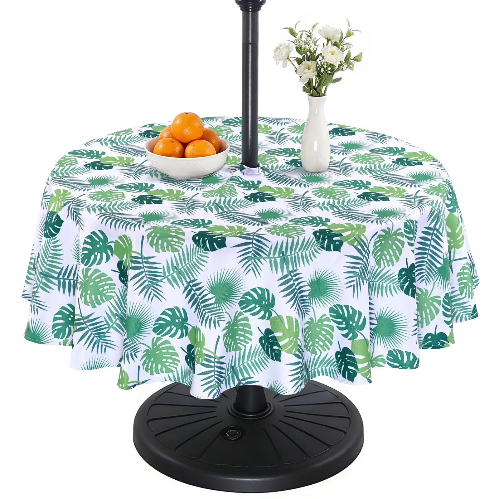 Eternal Beauty 152cm Round Little Leaf Indoor Outdoor Splashproof Tablecloth with Umbrella Hole and Zipper for Patio Garden Party and BBQ （60"）