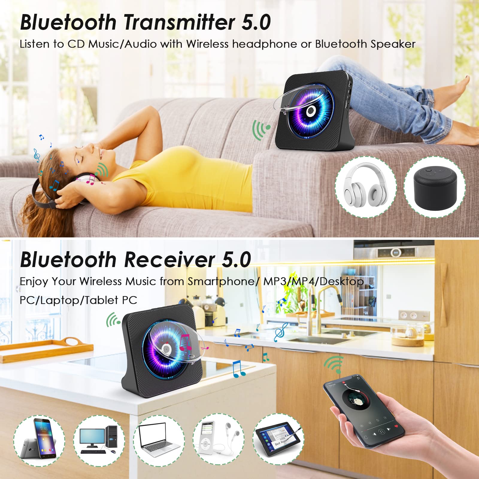 Gueray CD Player Portable Bluetooth: Desktop 4000mAh Rechargeable CD Players for Home with Timer HiFi Speakers Dust Cover LCD Screen Display FM Radio Type-c 3.5mm AUX Jack Remote Control