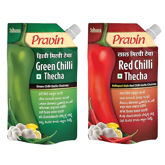 Pravin Red Chilli Thecha 100g x 4 & Green Chilli Thecha 100g x 4 - Combo of 8