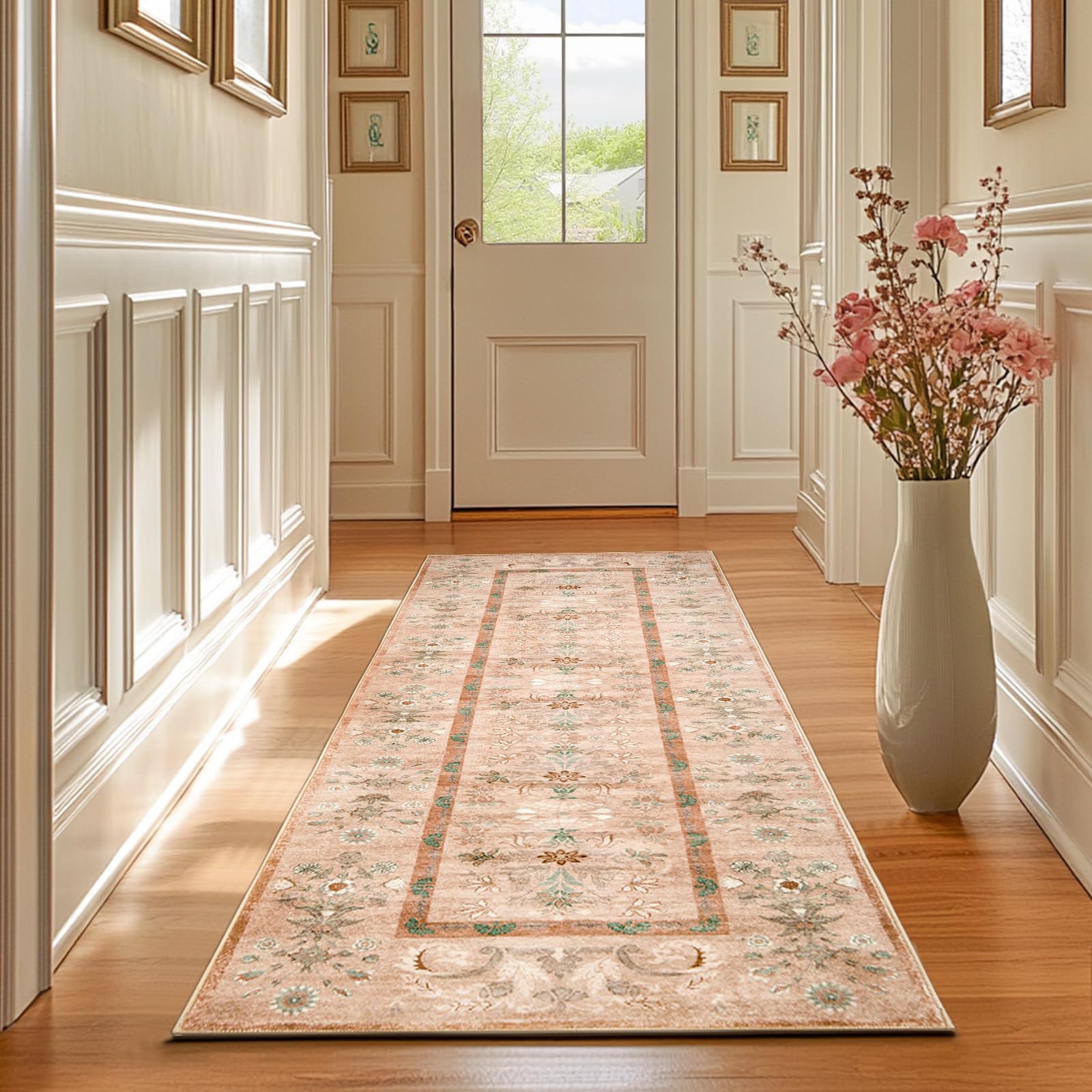 Photo 1 of jinchan Runner Rug 2x5 Kitchen Washable Rug, Vintage Floral Carpet Hallway Mat with Non Slip, Runner Rugs Low-Pile Carpet for Bedroom Bathroom Laundry Room Living Room (Dusty Pink)