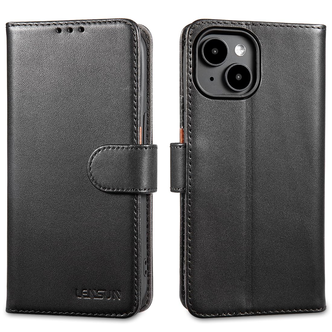 LENSUN Case for iPhone 15, Genuine Leather Wallet Flip Phone Cover [RFID Blocking] with Card Holder and Magnetic Closure Compatible with Apple iPhone 15 5G- Black
