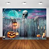 Avezano 8x6ft Halloween Backdrop Spooky Skeleton Background | Polyester Fabric, Wooden Spooky Night Party, Photography Background, Pumpkin Lantern Halloween Party Decorations Banner