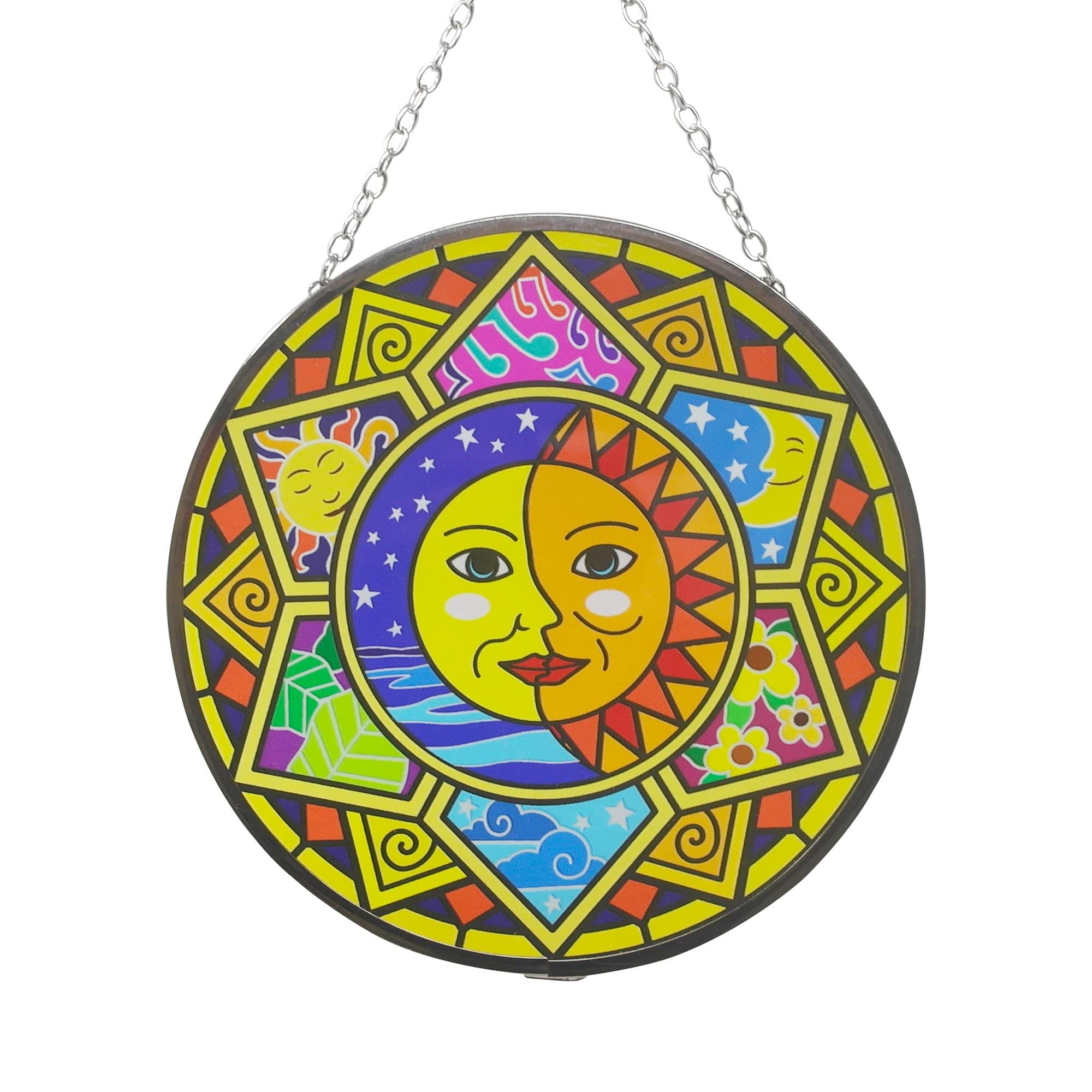 Glass sun catcher with sun and moon design | 150mm diameter with chain for hanging | colour catcher | window decoration | perfect for conservatory | living rooms | garden