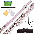 Mendini By Cecilio Flute, 16 Keys C Flute Instrument Closed Hole For Beginners with Carrying Case, Cork Grease, Stand, Lesson Book, Cleaning Rod, Gloves (Pink)