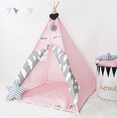 [TIPI ZELT MIT SPIELMATTE] Indianerzelt für Kinder - für Kinderzimmer - Wigwam 140x120x120cm - Tipi tent Baumwollsegeltuch - 
