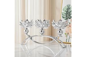 Dounx Crystal Candle Holders Lotus Candelabras Silver Arch Candlestick, Centerpiece Table, Home Hecor for Wedding, Dinning Room, Coffee Table, Kitchen, Living Room, Entryway (3 Arms, Tealight Candle)