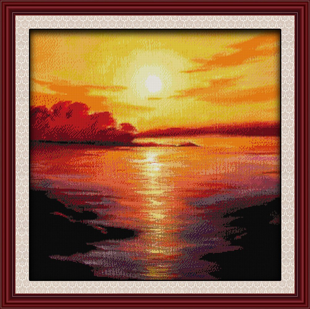 CaptainCrafts Cross Stitch Kits, Seascape Stamped Cross Stitch Preprinted Fabric Cross Stitch DMC DIY Art Embroidery Kits (Preprinted 11CT, Sea in Twilight)