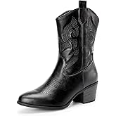 DREAM PAIRS Cowboy Boots for Women, Mid Calf Cowgirl Boots with Embroidery Round Toe Western Chunky Low Heel Shoes