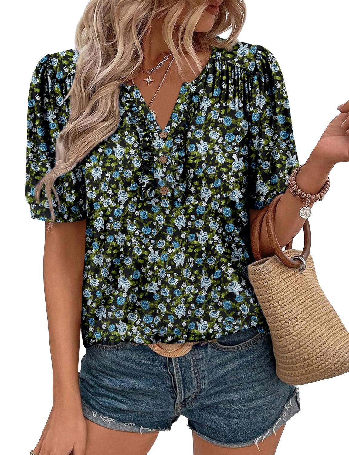 KISSMODA Women's Tunic Tops Casual V Neck Short