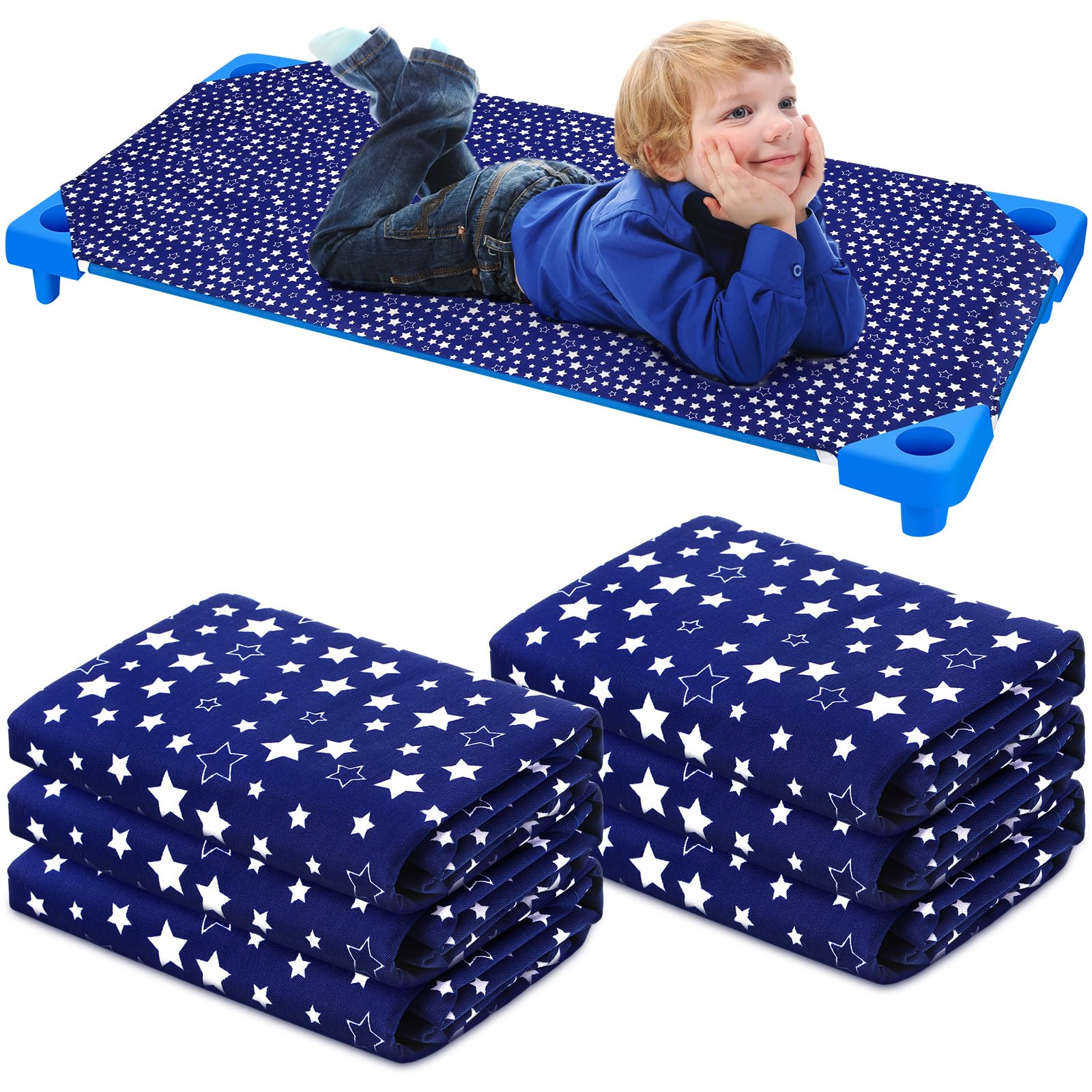 Photo 1 of Peryiter 6 Pcs Nap Mat Sheets Cot Sheets for Daycare Toddler Standard Size 24" x 51" Star Pattern with Corner Elastic Loops Bed Fitted Cot Crib for Children Kids Boys Girls (Navy Blue)