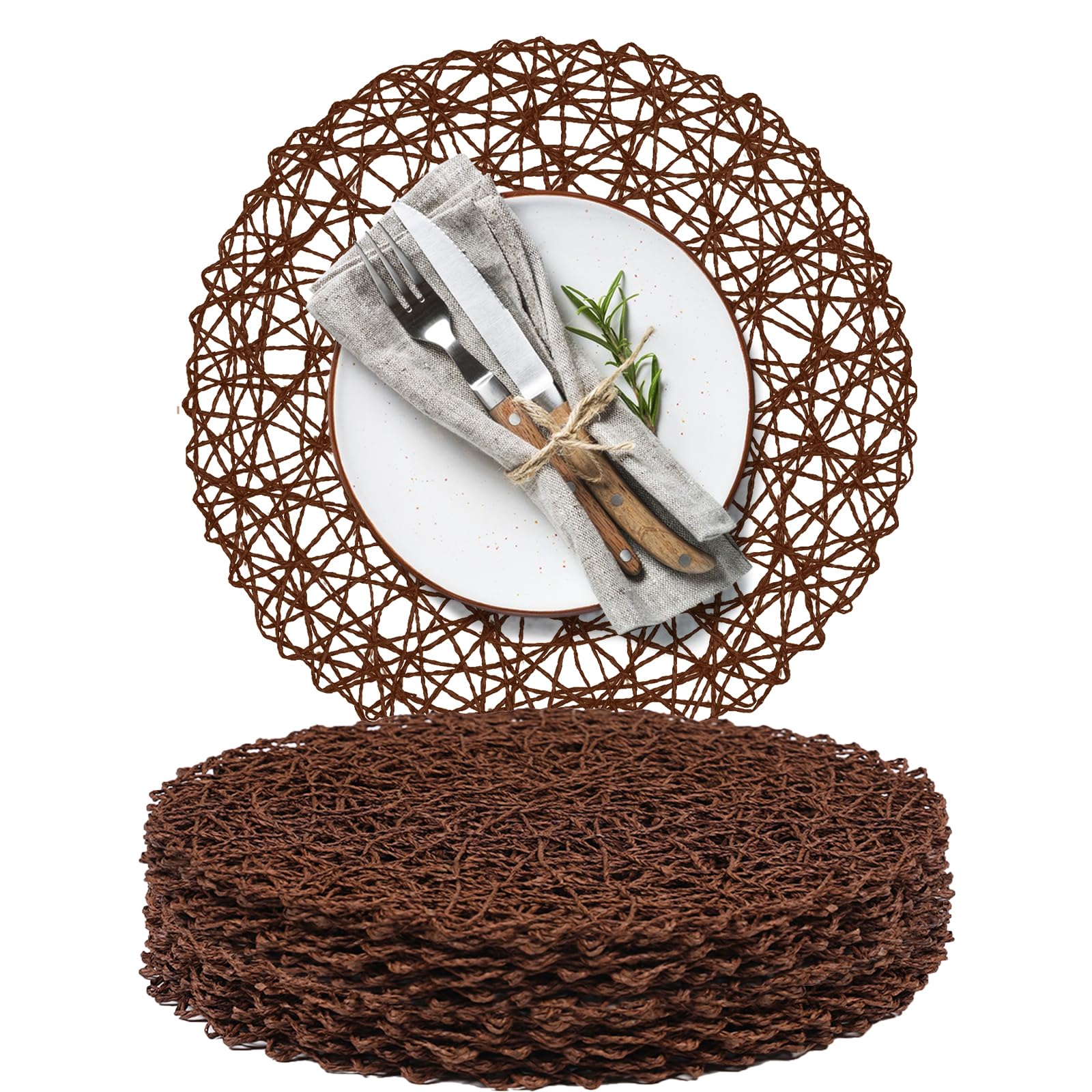 Photo 1 of AHHFSMEI Paper Braided Round Placemats Set of 12 Natural Non-Slip Heat Resistant Table Mats for Dining Tables Woven Indoor & Outdoor Place mats(Coffee,12)