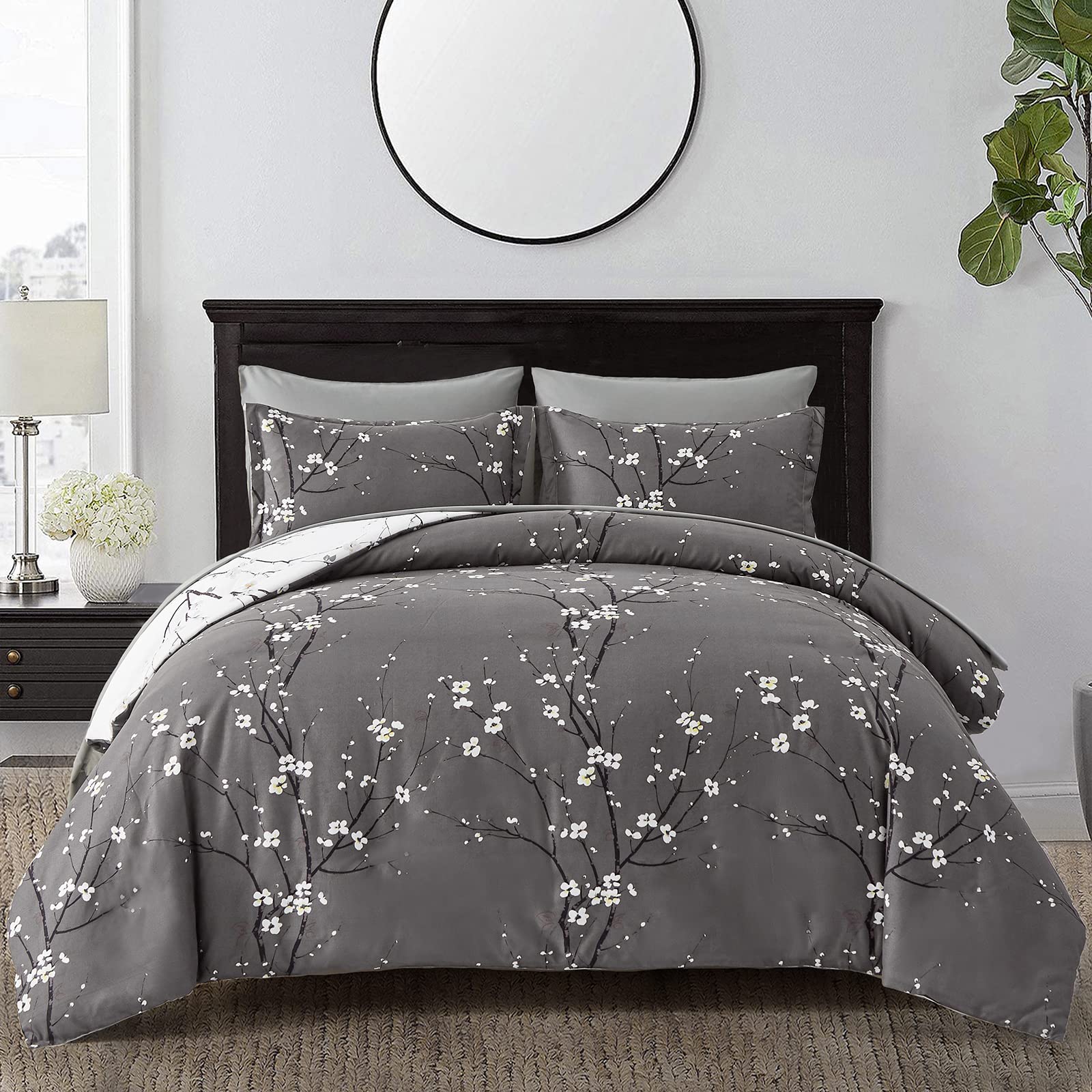 Grey White Reversible Floral Bedding Set 3 Pieces Tree Branch and Plum Flower Printed Duvet Cover Set with 2 Pillowcases Botanical Branch Soft Microfiber Double Size 200x200 cm