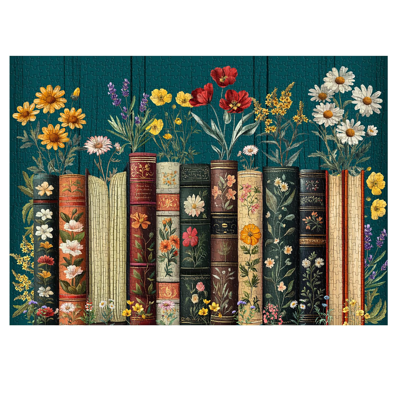 Vintage Wildflower Book Puzzles for Adults 1000 Pieces, Plant Floral Books Pages Jigsaw Puzzle, Retro Bookshelf Puzzles with Blossoming Wildflowers, Botanical Literary Theme Puzzle for Book Lovers
