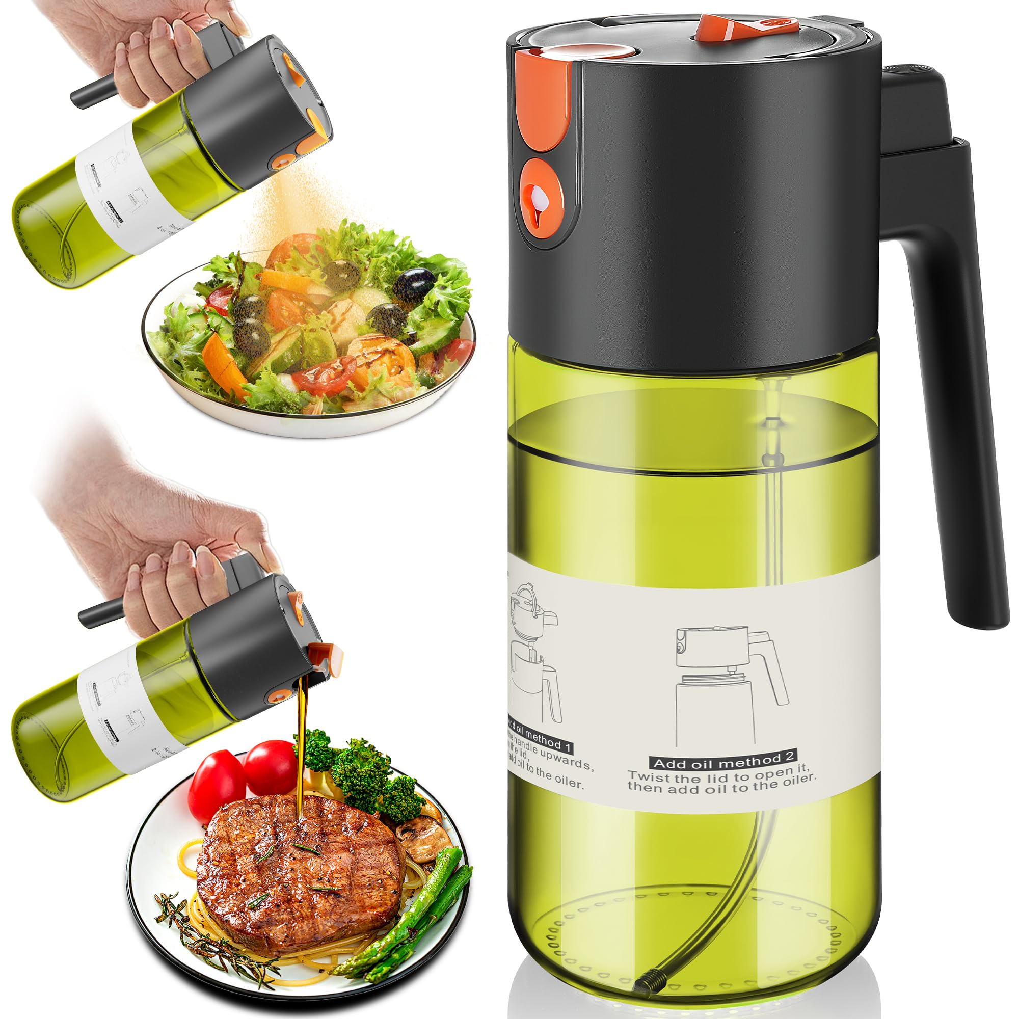 View 1 of OURCABECUE Upgrade 2 in 1 Oil Sprayer for Cooking, 17oz Light-Blocking Glass Olive Oil Dispenser Bottle for Kitchen, Food-Grade Oil Mister with 8 Stickers for Salad, Frying (Green Bottle-Black Gap)