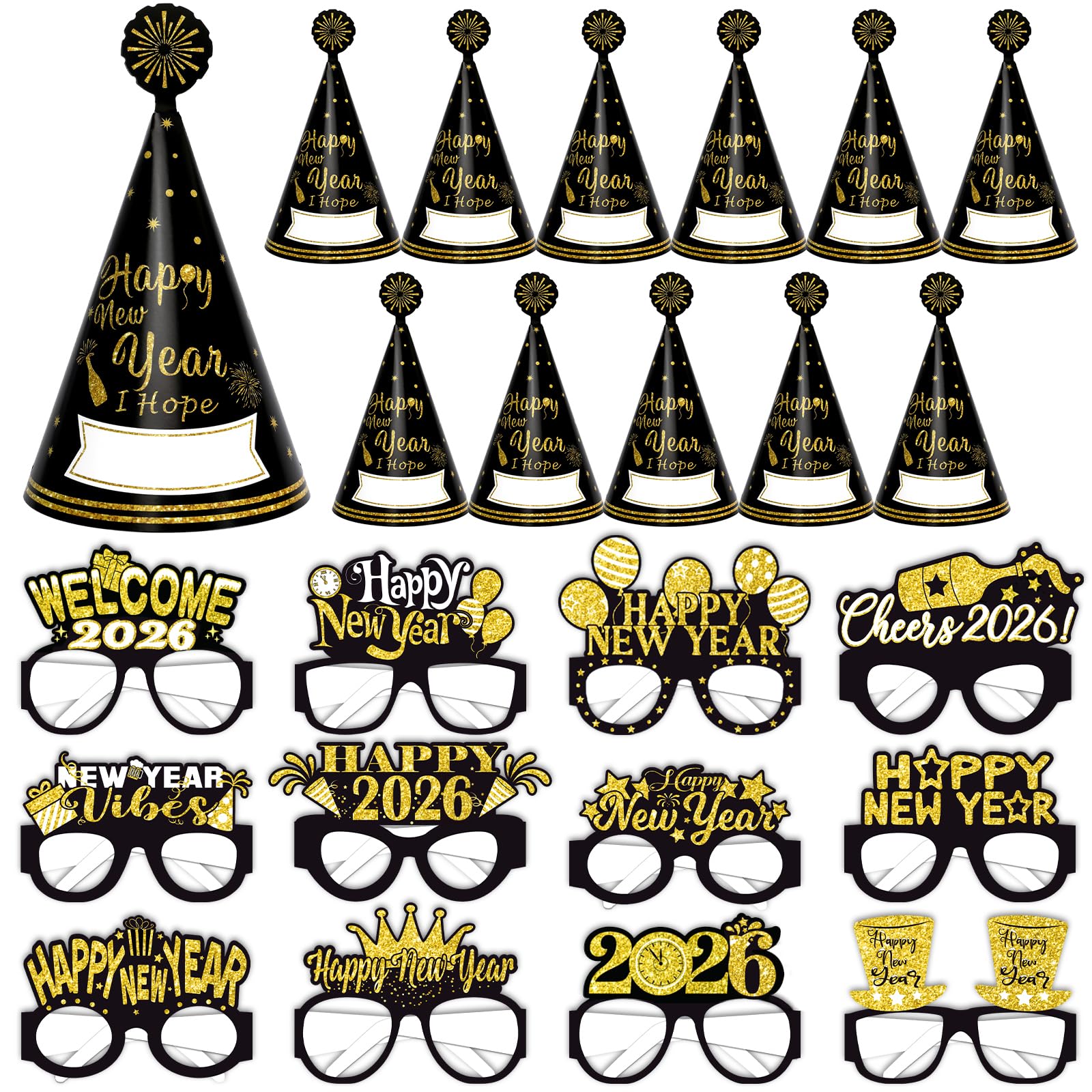 HOWAF 24pcs 2025 New Years Eve Party Supplies: Paper Hats, Eyeglasses, Decorations