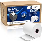 3 1/8 x 230 Thermal POS Rolls for Epson Printers, BPA Free Thermal Printing Compatible with TM-T88 TM-T70 TM-T80 TM-T85 TM-H6000 T90 Series, Credit Card Machine &amp; POS Printer Supplies, Pack of 12