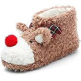 ASHION Women's Cute Fuzzy Reindeer House Slippers Stuffed Animal Bedroom Slippers Cozy Christmas Indoor Shoes