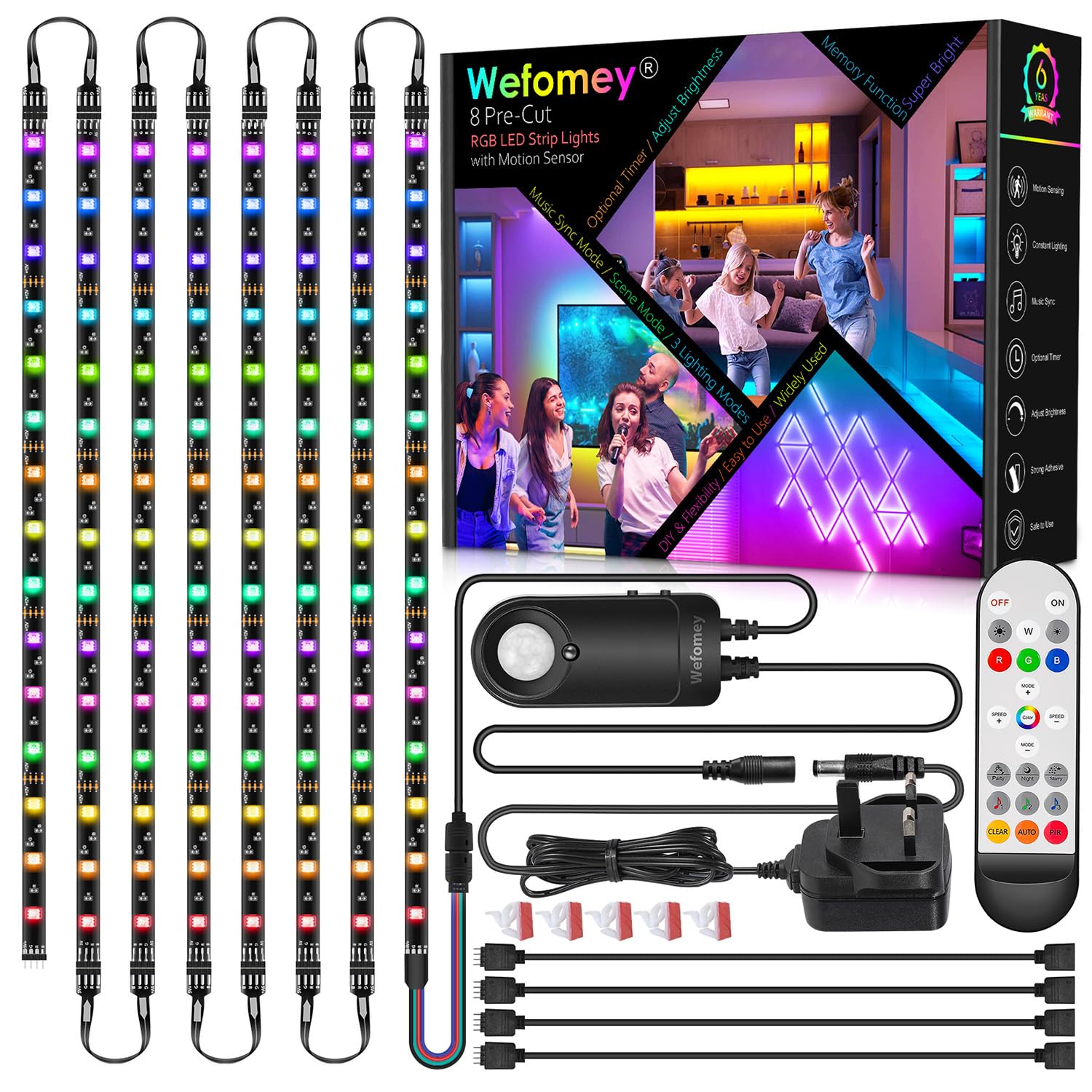 Wefomey RGB Under Cabinet Strip Lights Kit, 8PCS*50cm Motion Sensor LED Strip Lights with Remote, 12V Flexible LED Lighting Strips for Kitchen, Shelf, Cupboard, TV, Desk