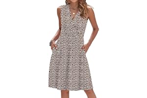 WNEEDU Women Summer Dress Sleeveless Casual Dresses V Neck Wrap Waist Dress with Pockets