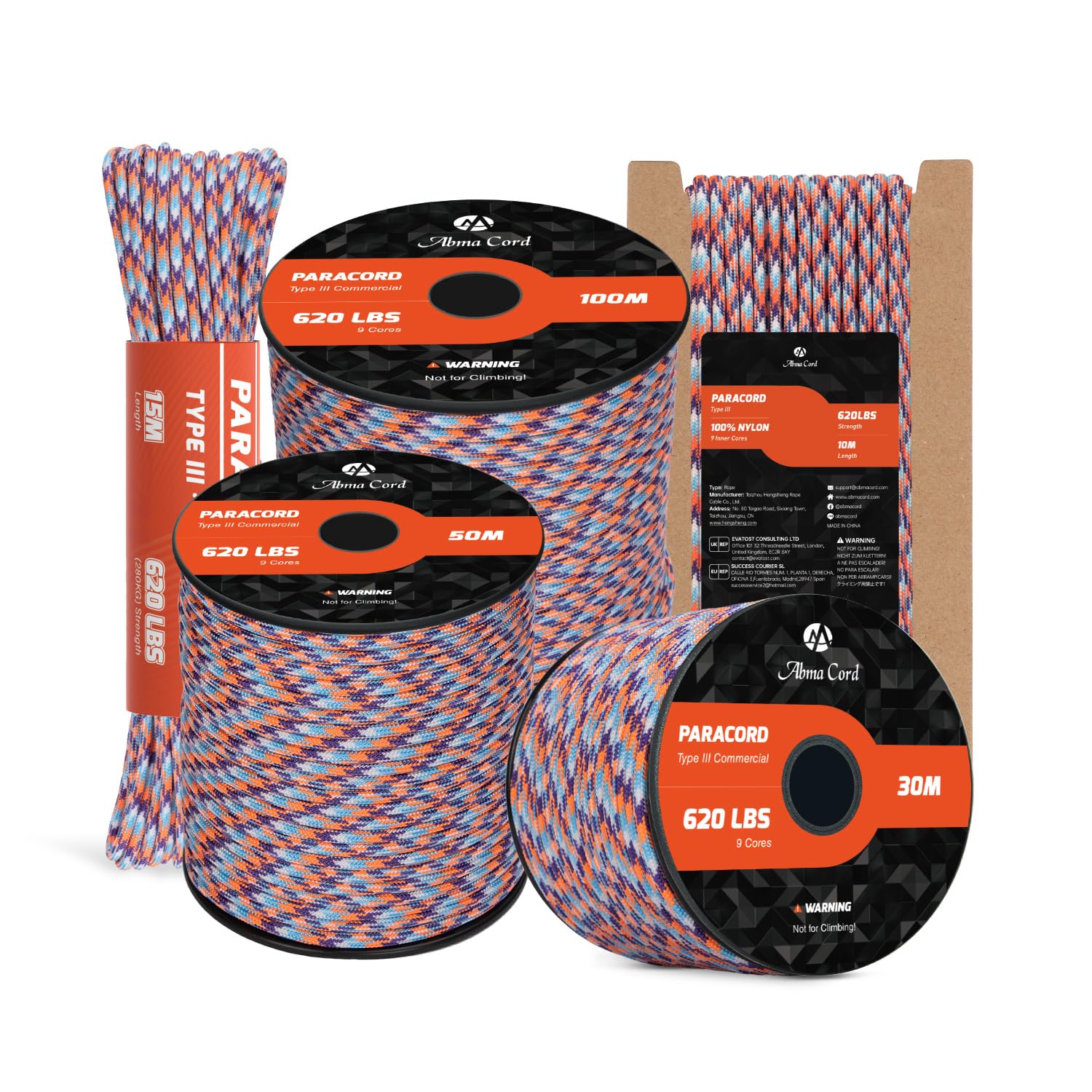 Abma Cord Paracord 4mm 100m 100% Nylon Rope 9 Strands Type III Parachute Cord for DIY, Camping, Survival, Outdoor - Max. 280kg - Summit