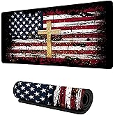 AOWULA Desk Mat,American Flag Jesus Cross Mouse Pad Large Gaming for Desk,Non-Slip Rubber Base Mousepad,31.5x15.7 Inch for Office Home Work & Game