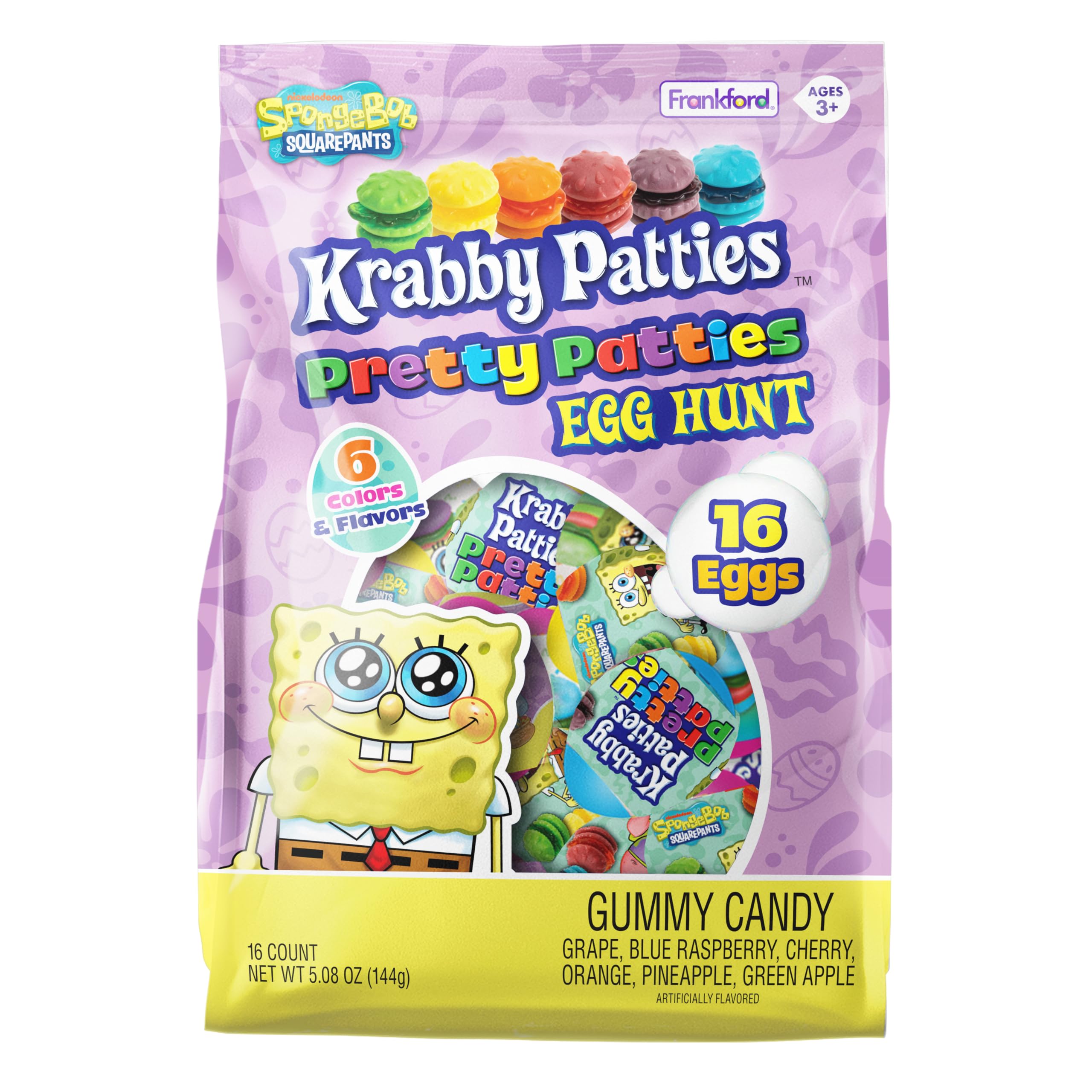 SpongeBob SquarePants Krabby Patties Easter Egg Hunt Mix, 16 Plastic Eggs with Gummy Candy, 6 Flavors, 5.08 oz, Easter Basket Fillers