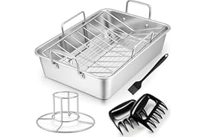 TeamFar Roasting Pan, Large Turkey Roaster Pan Stainless Steel with V Rack & Cooling Rack, Beer Can Chicken Holder & Meat Claws for Shredding & Silicone Brush, Healthy & Dishwasher Safe - 7 Pcs