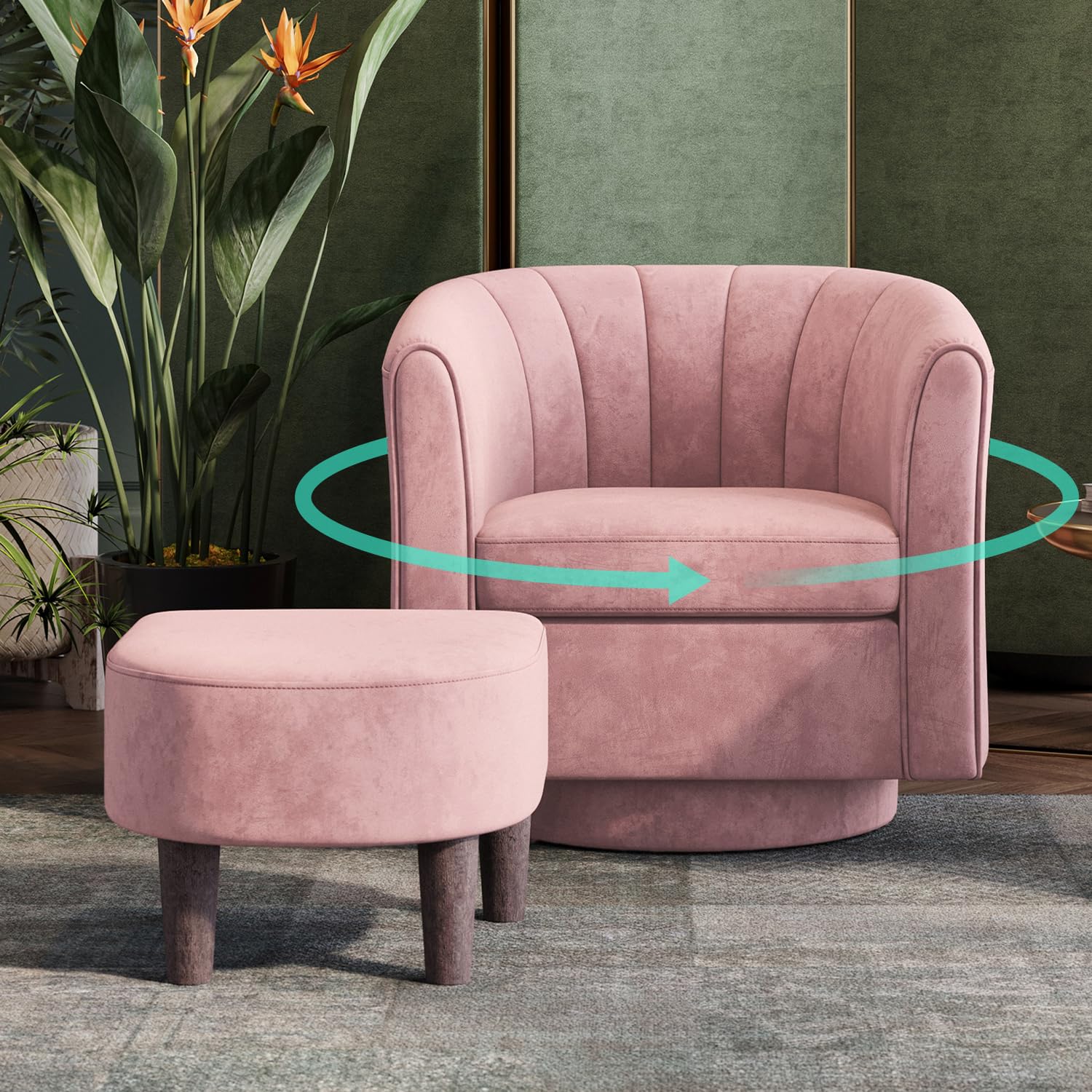 Photo 1 of LINSY Swivel Accent Chair Ottoman Set: Velvet Small Barrel Chair with Foot Rest, Modern Reading Chair Upholstered Armchair with Footrest for Living Room Bedroom Study Room Office (Pink)