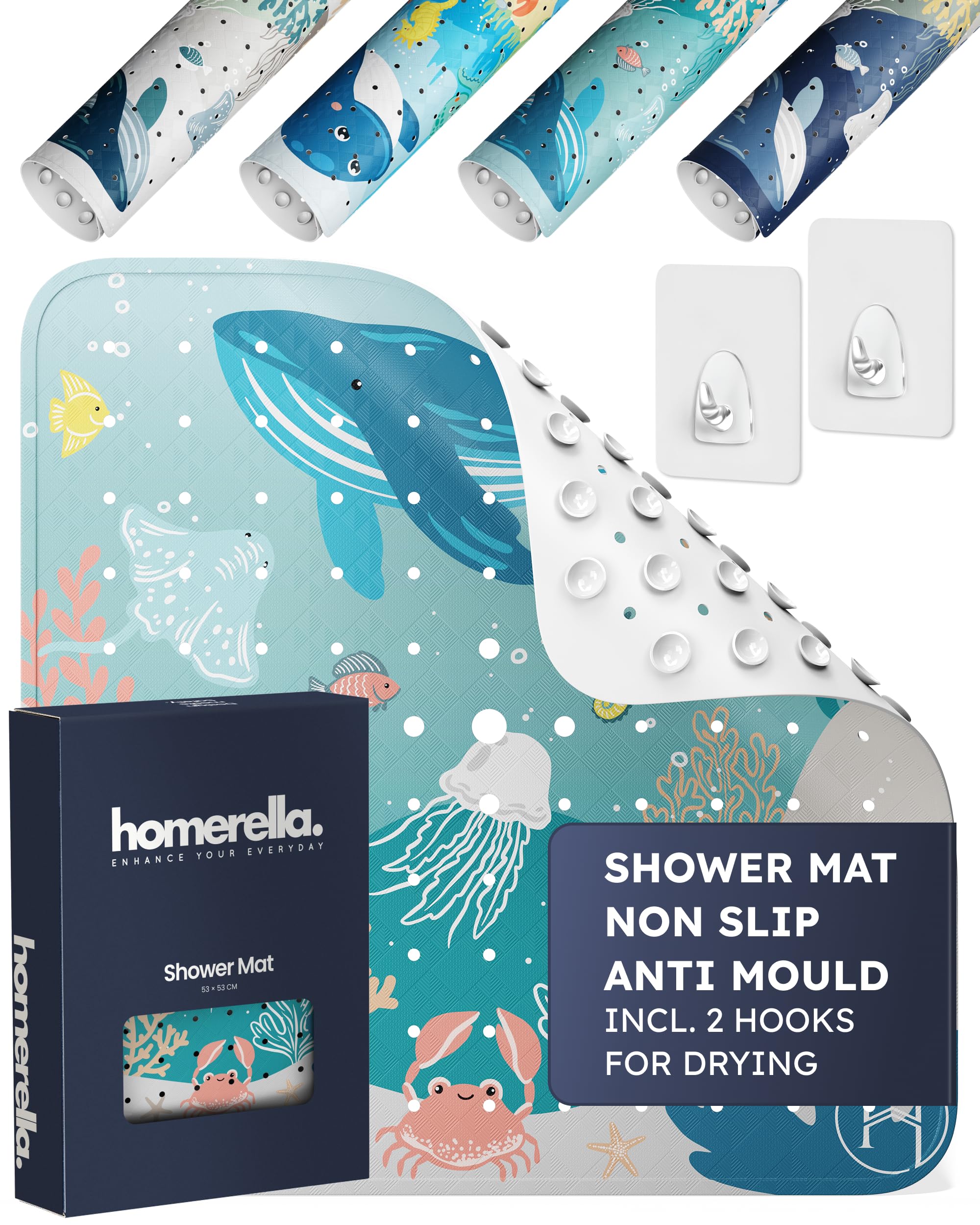 Homerella Shower Mat Skin-Sensitive 53 x 53 cm Includes Hanging Brackets Non Slip Shower Mats for Inside Shower BPA-Free Latex-Free Shower Mat Non Slip Anti Mould and Machine Washable