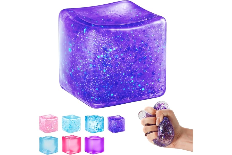 Ice Cube Squishy Fidget Toy, Slow Rise Squeeze Sensory Toy Stress Ball for Office Desk Anxiety Relief, Focus & Calm Novelty Gift for Teens - Purple Glitter