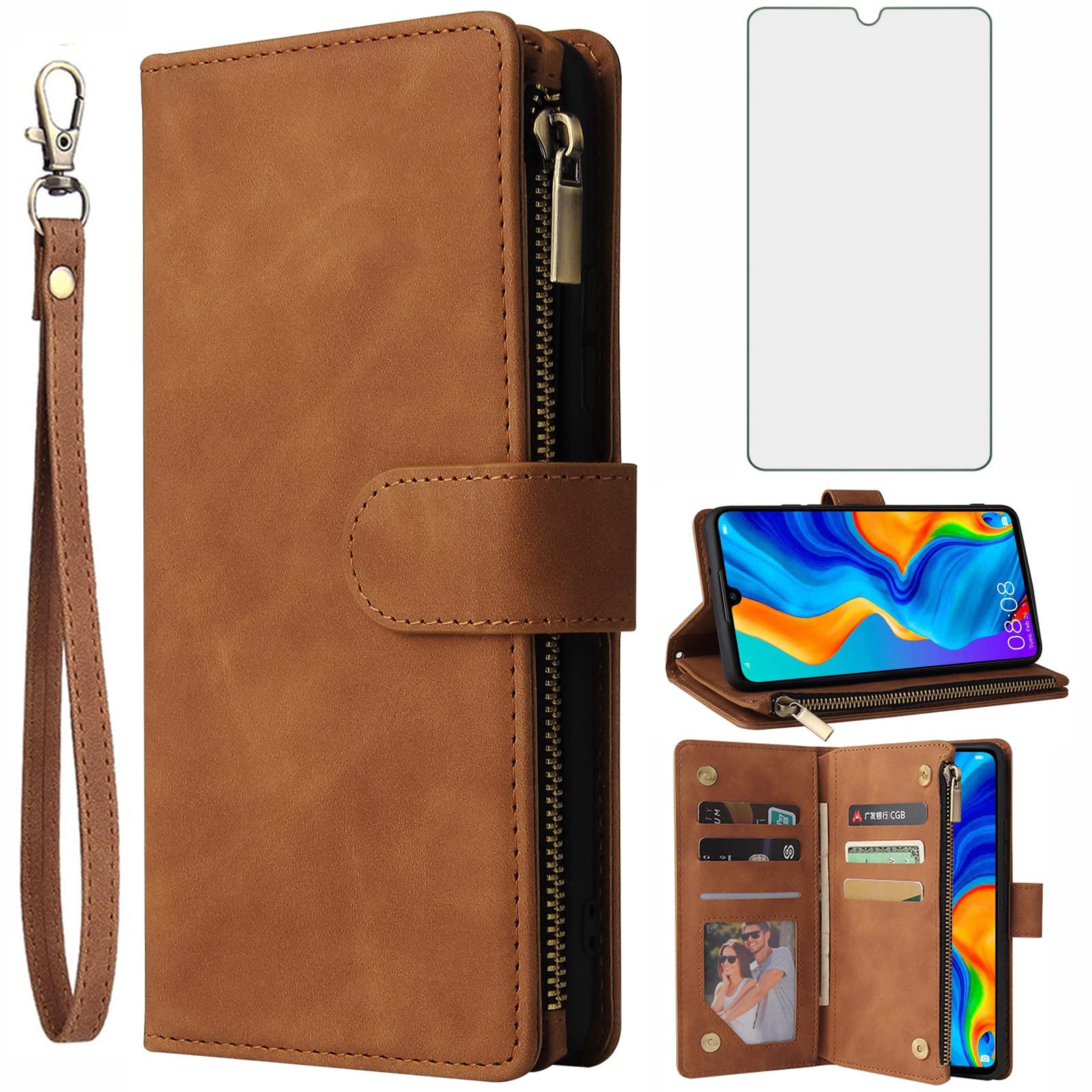 Asuwish Compatible with Huawei P30 Lite Wallet Case Tempered Glass Screen Protector and Leather Flip Cover Card Holder Stand Cell Accessories Phone Cases for Hawaii P30Lite P 30 30Lite Women Men Brown