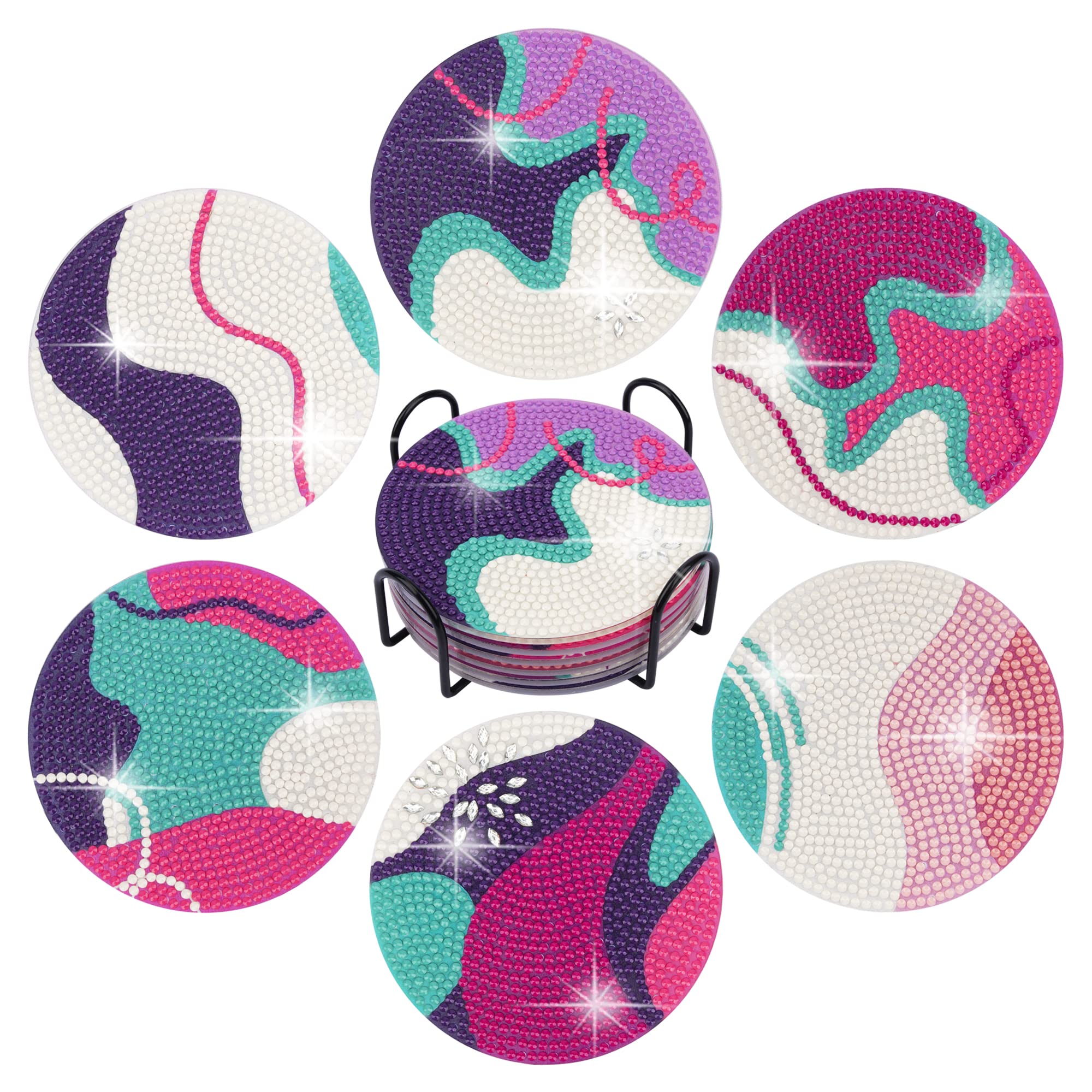 Temlum 6 Pcs Diamond Painting Coasters Kit with Holder, DIY Diamond Art Coasters Kits for Beginners, Adults Small Art Craft Supplies