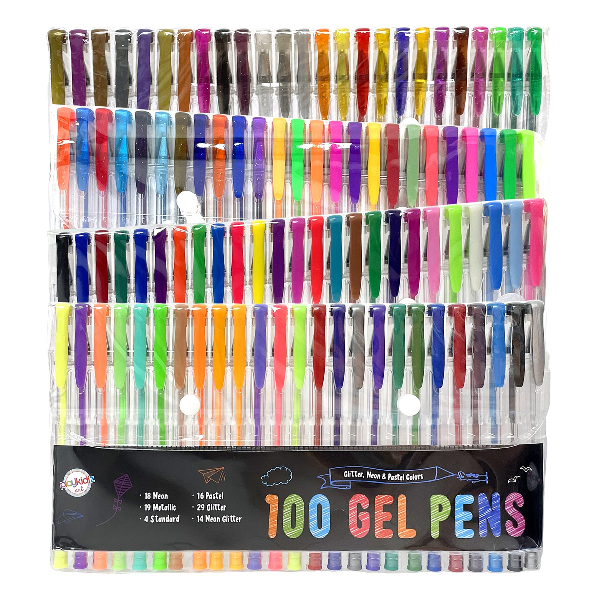 Playkidiz Gel Pens, Fine Point Colored Pens Great for Children and Adult Coloring Book, Glitter neon & Pastel Colors 100 Pack, Journaling, Crafting, Doodling, Drawing Fun, (2417)