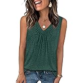 OFEEFAN Tank Top for Women Loose Fit Sleeveless Shirts V Neck Summer Clothes Ruched Women's Tees and Tanks Curved Hem