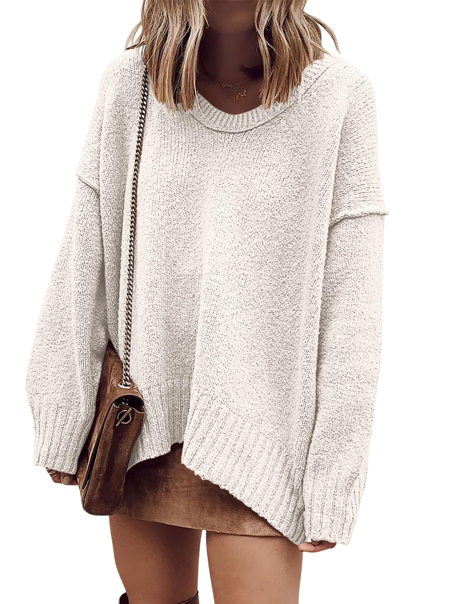 Photo 1 of ANRABESS Women's Oversized Casual Loose Slouchy Scoop V Neck Batwing Long Sleeve Knit 2025 Fall Pullover Sweaters White X-Large