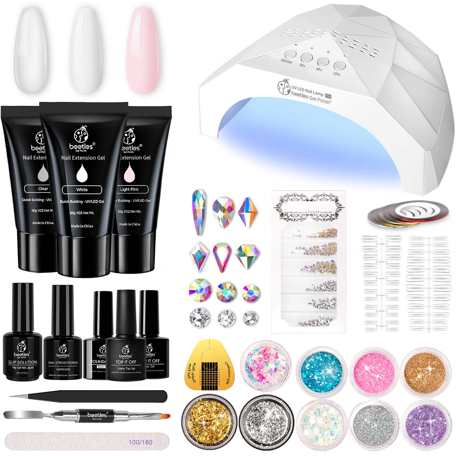 Beetles Poly Gel Nail Extension Kit, 30g Nail Extension Gel with 48W Nail Lamp Slip Solution Nail Strengthener Rhinestone Glitter All In One for Nail Manicure Beginner Starter Kit : Beauty
