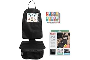 Nuby x Safe In The Seat Car Seat Protector - Compatible with Rear & Forward Facing Car Seats - Visual Learning Pocket, Mesh Storage & Adjustable Strap